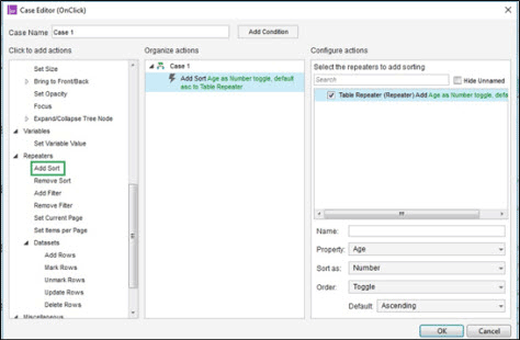 Add Sort for the Table Repeater in the Case Editor dialog box