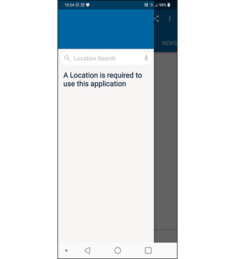 A location error message in the AccuWeather app