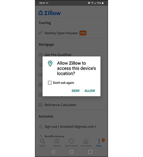 Location permissions dialog box for the Zillow app