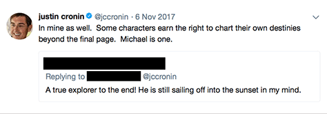 Author Justin Cronin's tweet