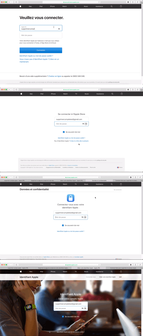 Apple's multiple login screens on one path, in French