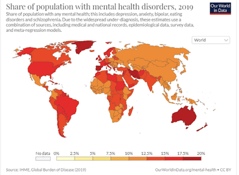 World's population with mental-health disorders circa 2019